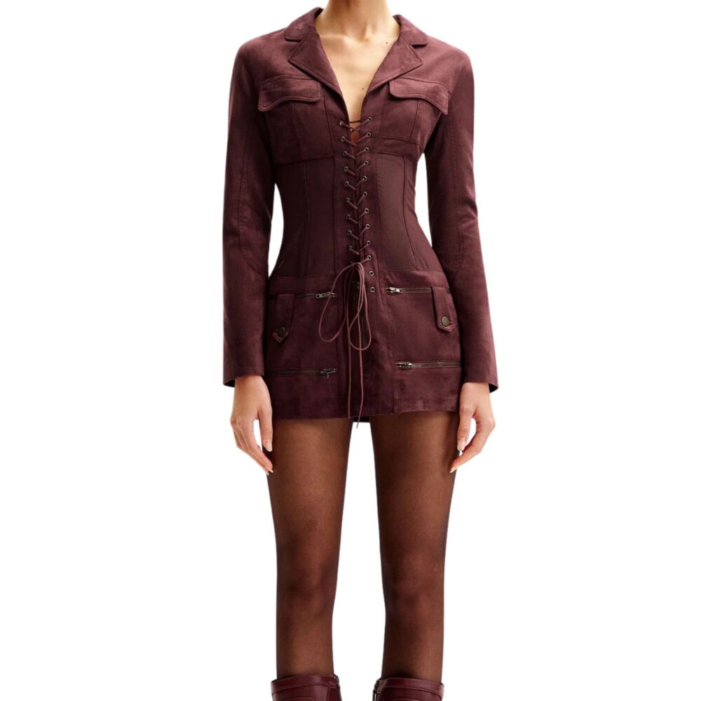 JW PEI Burgundy Faux Suede Lace Up Corset Mini Dress Size 2